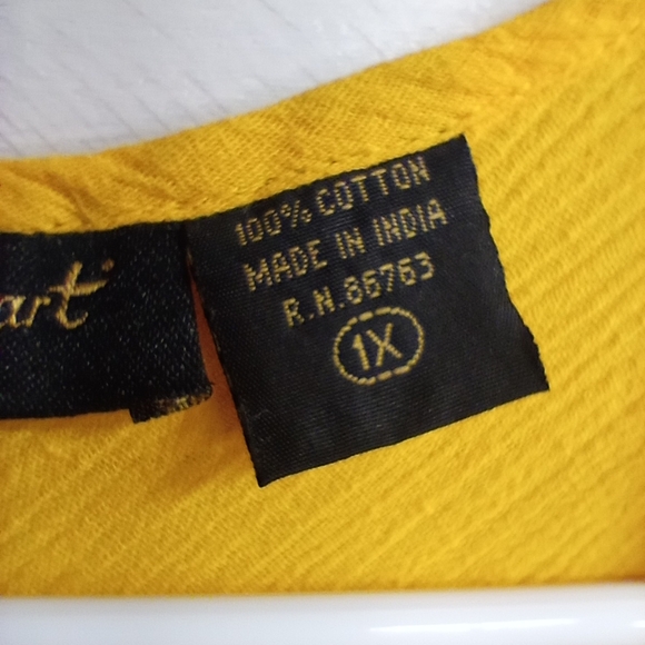 Ashley Stewart 1X Yellow Cotton Boho Tunic Top V-Neck Short Sleeve Blouse - Picture 13 of 13